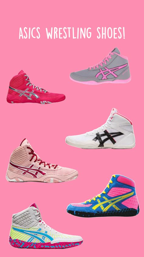 These are ASICS wrestling shoes, each shoe section like a stairway, with mixes of hot pink and multiple colors! Muted or bright. The background is a light peachy pink with writing at the top, ‘ASICS wrestling shoes!’ Shoes Collage, Asics Wrestling Shoes, Pink Asics, Sports Attire, Shoes Asics, Wrestling Shoes, Wrestling Wwe, Shoes Pink, Money And Happiness