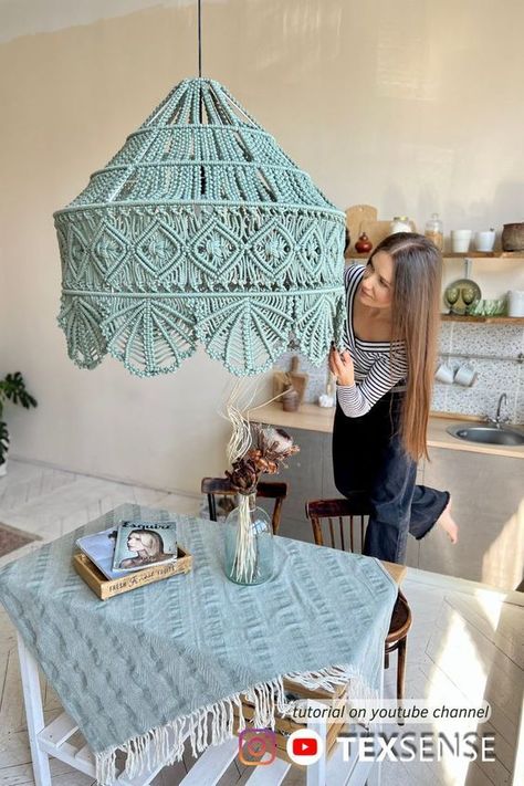 Hi dears!😍 If you want to change something in your interior, but don't know what - make a chandelier with your own hands! 😉 Thanks to this step by step tutorial you will be able to make an exclusive lampshade for your home! Tutorial on my YouTube channel TEXSENSE 🎥 #macrame #chandelier #lampshade #lamp #diymacrame #diychandelier #homedecor #bohodesign #lamp #bohointerior #kitchen #ikea #cozy #mint #bluedesign #tiffanycolorinterior #homedecorblue Macrame Chandelier Tutorial, Macrame Lamp Shade Diy, Crochet Chandelier, Make A Chandelier, Macrame Decor Ideas, Crochet Lampshade, Lampshade Lamp, Macrame Lamp Shade, Diy Lampshade