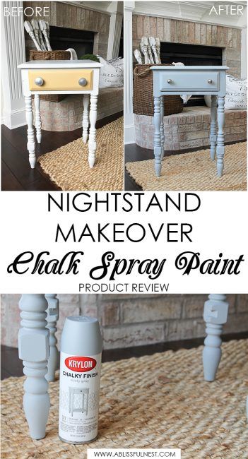 This is such a great review on using Krylon’s new Chalk Spray paint! Everything you need to know to use this method of painting furniture and accessories with a spray chalk paint. Get more information on http://ablissfulnest.com/ #chalkpaint #tablemakeover #diyfurniture How To Spray Paint Furniture, Diy Nightstand Makeover, Spray Chalk, Chalk Spray Paint, Gel Stains, Spray Paint Furniture, Nightstand Makeover, Painted Night Stands, Diy Nightstand