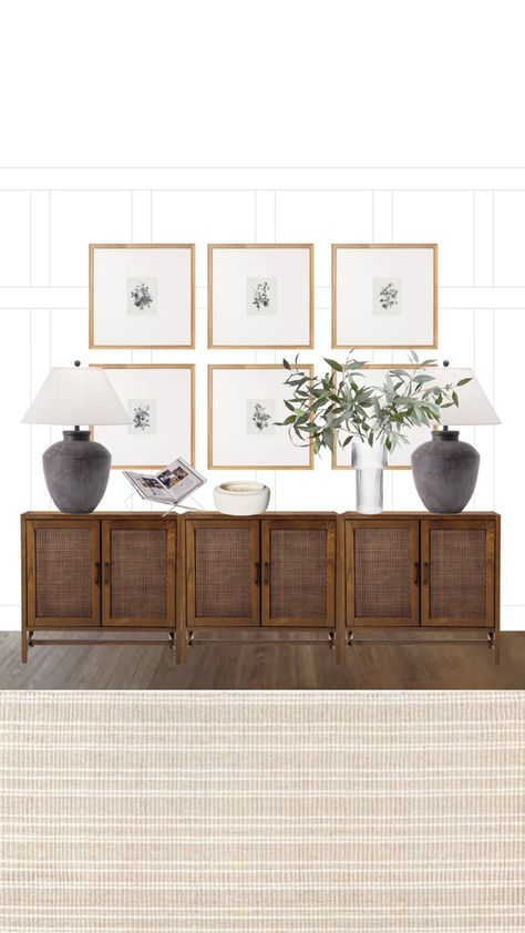 Dining Room Sideboard Styling, Buffet Decor Ideas, Minimal Entryway, Long Wall Decor, Long Entryway Table, Modern Farmhouse Buffet, Sideboard Styling, Cottage Home Interior, Sideboard Styles