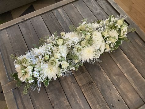 Long Low Centerpieces, Long Floral Centerpiece Wedding, Rectangular Floral Arrangements, Rectangular Flower Arrangements, Low Flower Arrangements For Table, Long Centerpieces, Moms 60th, Rectangle Vase, Home Flower Arrangements