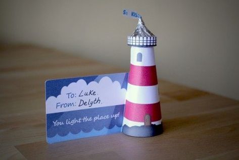 Reinforcement Ideas, Hershey Kiss Valentine, Diy Lighthouse, Lds Girls Camp, Lighthouse Crafts, Candy Card, Valentine Favors, Kisses Candy, Hershey Kiss