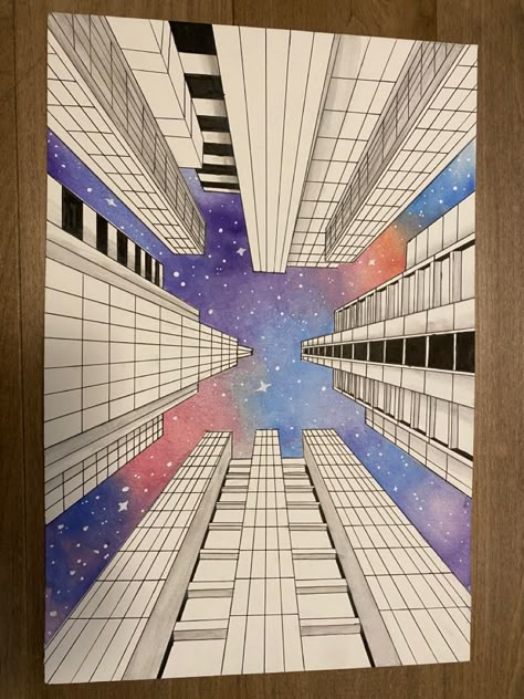 Space Perspective Drawing, Sky Scrapers Drawing, Perspective Art Projects, Perspective Building Drawing, Perspective Artwork, Linear Perspective Drawing, Perspective Drawing Architecture, Middle School Art Projects, Art Lessons Middle School