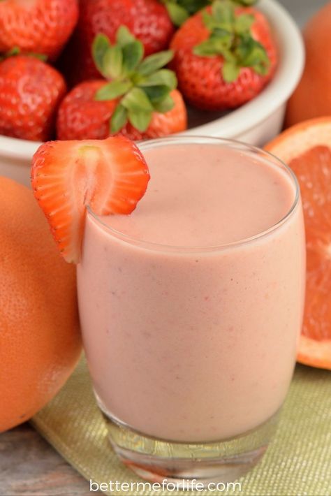 1/4 tsp Ginger, fresh or jarred 1/2 Grapefruit 4 Strawberries, medium fresh or frozen Canned Goods 1 serving Vanilla protein powder Frozen 3 Ic Grapefruit Smoothie, Carrot Smoothie, Protein Shake Smoothie, Unhealthy Snacks, Smoothie Detox, Healthy Shakes, Strawberry Smoothie, Easy Smoothies, Smoothie Shakes