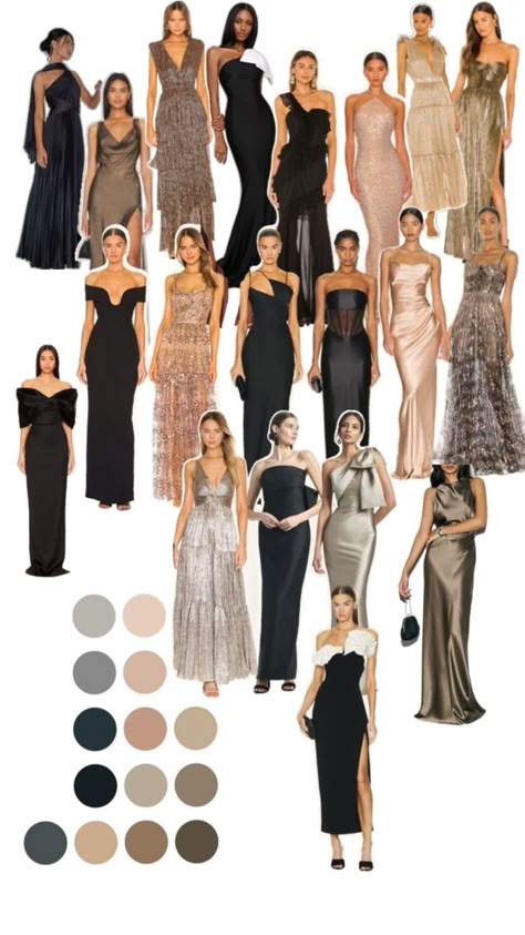 Bridesmaid Dresses For All Sizes, Wedding Color Palette Black Bridesmaid Dresses, Royal Wedding Bridesmaids, Black And Brown Bridesmaid Dresses, Black Tie Dresscode, Gold And Black Bridesmaid Dresses, Dark Bridesmaid Dresses Mismatched, Guest Color Dress Code, Black And Brown Wedding Color Schemes