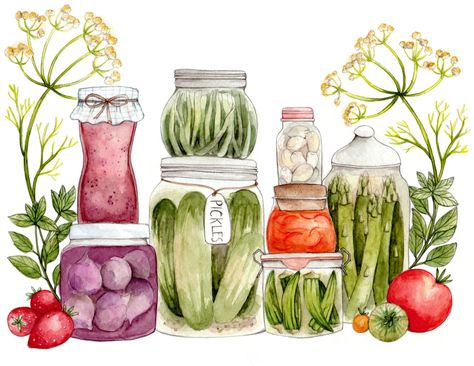 Canning Art Print 8.5x11 by thelittlecanoe on Etsy Logo Brain, Susan Branch, Garden Illustration, Watercolor Food, Illustration Food, Food Drawing, Food Illustration, Food Illustrations, Kitchen Art