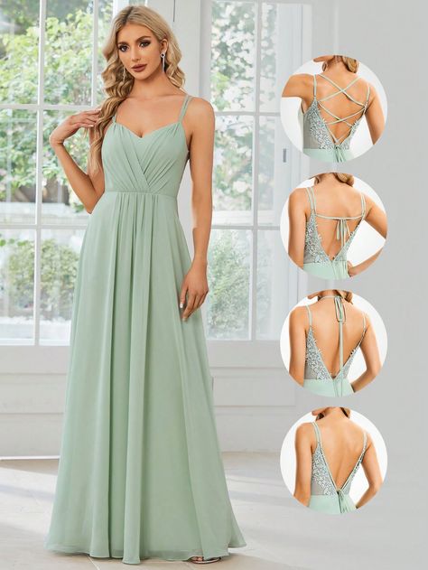 EVER-PRETTY Ruched Tie Backless Chiffon Bridesmaid DressI discovered amazing products on SHEIN.com, come check them out! Beachy Bridesmaid Dresses, Mint Green Bridesmaid Dresses, Mint Bridesmaid Dresses, Light Green Dress, Elegant Bridal Shower, Sage Green Wedding, Ever Pretty, Bridal Shower Dress, Shower Dresses