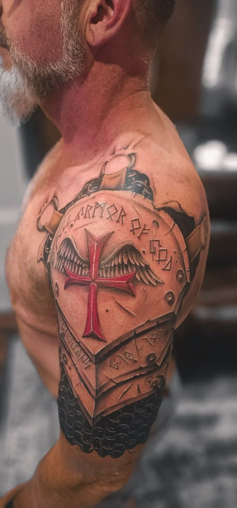 Knights Armor Tattoo, Full Armor Of God Tattoo, Armor Of God Tattoo For Men, Chest Tattoo Men Ideas Unique, Templar Tattoo, Armour Of God Tattoo, Knights Templar Tattoo, God Quotes Tattoos, Armor Of God Tattoo