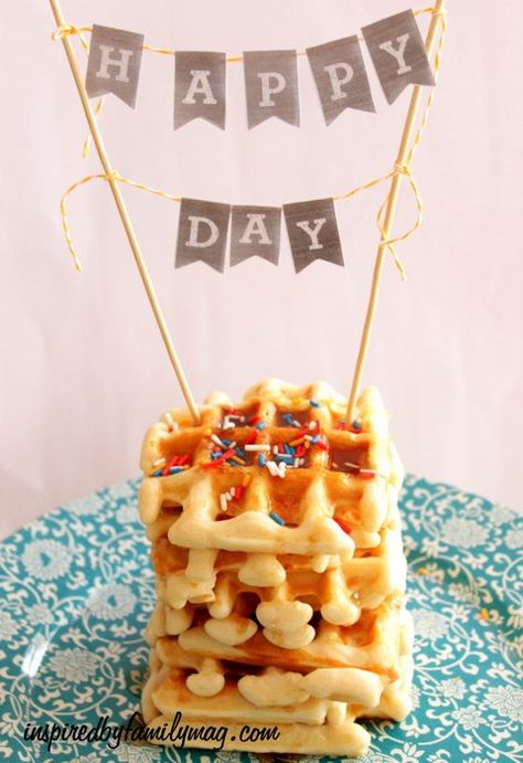 Simple Birthday Tradition: Waffle cake birthday tradition Waffle Birthday, Waffle Cake Ideas, Waffle Birthday Cake, Waffle Cake Birthday, No Cake Birthday Ideas, Waffle Cake, Waffle Maker Recipes, Birthday Traditions, Breakfast Drink