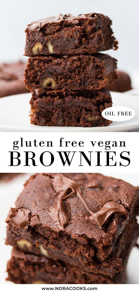 Gluten free vegan brownies that are so easy to make! Bonus - They are oil free, too. Perfectly fudgy and delicious. #vegan #plantbased #glutenfree Plant Based Brownies, Easy Vegan Brownies, Vegan Fudge Brownies, Vegan Brownies Easy, Vegan Gluten Free Brownies, Brownies Healthy, Egg Free Desserts, Vegan Brownies Recipe, Brownies Recipes