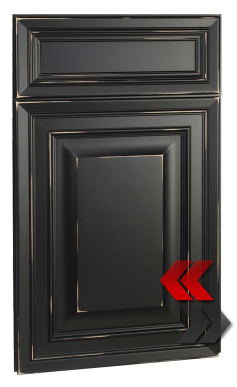 We love dark cabinet doors with a rub through finish! Deerfield's Bronson Maple Ebony Rub Through Cabinets Door Style Black Kitchen Cabinets Copper Hardware, Oil Rubbed Bronze Painted Cabinet, Black Glazed Cabinets, Black Cabinets With Copper Hardware, Craftsman Interior Trim, Black Glazed Hickory Cabinets, Glazed Kitchen Cabinets, Faux Paint Finishes, Cheap Kitchen Cabinets