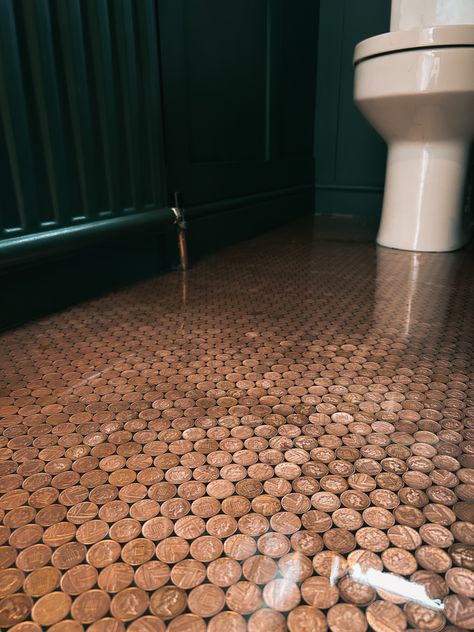 Exposed copper pipes, penny floor, industrial/steampunk style, dark green, fish, nature cloakroom. Copper Penny Floor Bathroom, Penny Bathroom Floor, Copper Floor, Penny Floor, Fish Nature, Copper Pipes, Pennies From Heaven, House Colours, Future Bedroom