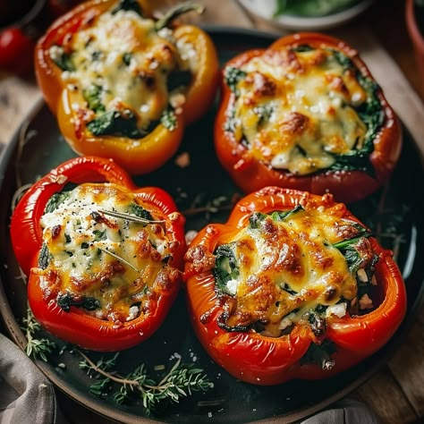 Spinach and Ricotta Stuffed Peppers - Simply Recipes - Fewer Worries, More Delight Spinach Ricotta Stuffed Peppers, Stuffed Vegetables Recipes, Spinach And Ricotta Recipes, Ricotta Stuffed Peppers, Bell Peppers Recipes, Stuffed Red Peppers, 2025 Meals, Feta Stuffed Peppers, Easy Stuffed Pepper Recipe