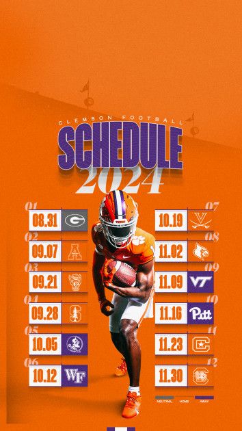 Clemson Announces 2024 Football Schedule Football Schedule Graphic, Clemson Tigers Wallpaper, Clemson Baseball, Forbes Field, Long Beach State, Clemson Tigers Football, Virginia Cavaliers, Clemson Football, Clemson University