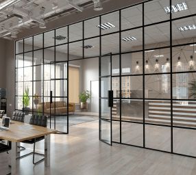 Frameless Sliding Glass Wall | Frameless Glass Panels Glass Wall Office, Glass Partition Designs, Glass Panel Wall, Modern Partition Walls, Glass Door Design, Glass Partition Wall, Glass Room Divider, Glass Room, Wrought Iron Doors