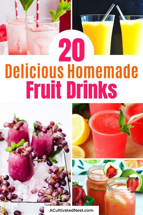 20 Homemade Fruit Drink Recipes- For a delicious way to add more fruit to your diet, make some of these 20 homemade fruit drink recipes! These delicious summer drinks will cool you off and refresh you even on the hottest days! | drinks made with real fruit, #fruitDrinks #drinkRecipes #drinks #fruitRecipes #ACultivatedNest Fruit Beverages, Homemade Fruit Drinks, Fruit Juice Ideas, Fresh Fruit Drinks Homemade, Homemade Fruit Punch Recipes, Healthy Fruit Drinks, Healthy Fruit Drinks Recipes, Fresh Fruit Drink Recipes, Homemade Fruit Juice