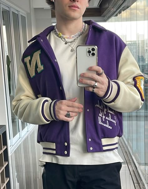 Varsity Jacket: ZARA Zara Varsity Jacket Men, Zara Varsity Jacket, Purple Varsity Jacket Outfit, Seniors Jacket, Varsity Jacket Outfits, Male Y2k, Senior Jackets, Varsity Jacket Outfit, Party Outfit Men