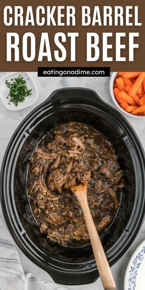 This Homemade cracker barrel roast beef copycat recipe is very to make and tastes amazing! Try copycat cracker barrel roast beef recipe today. This roast is slow cooked all day for a tender and juicy roast and perfect to serve with mashed potatoes. #eatingonadime #crackerbarrelroastbeef #roastbeef #crackerbarrelrecipes Cracker Barrel Roast Beef Recipe, Cracker Barrel Roast Beef, Pot Roast Crockpot, Beef Shoulder Roast, Roast Beef Crock Pot Recipes, Roast Crockpot, Cracker Barrel Copycat Recipes, Beef Roast Crock Pot, Crockpot Pot Roast