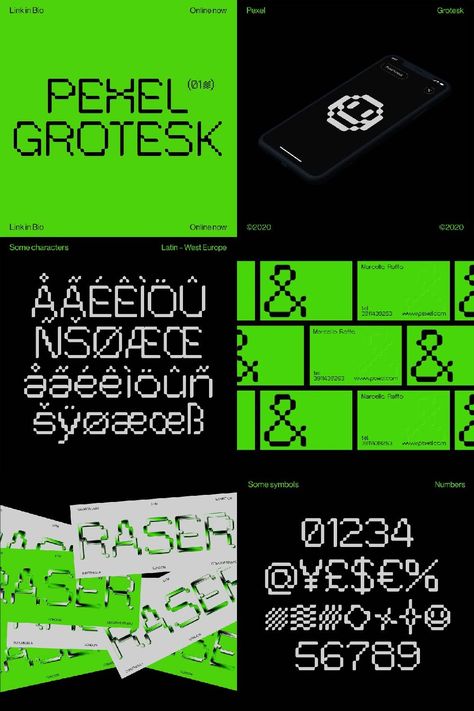 Pexel Grotesk Regular - Driven by a desire to create a pixel font with the right proportions and a distinguished sense of character, Pexel Grotesk imitates the letter dimensions and proportions of grotesque typefaces, whilst remaining inside a strict grid. #Pixel_Graphic_Design #Pixel_Typography #Tech_Fonts #Bitmap_Font Pixel Graphic Design, Pixel Typography, Bitmap Design, Grid Graphic Design, Lego Print, Minimalism Challenge, Pixel Font, Self Branding, Pixel Design