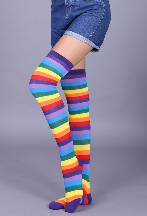 Striped Gloves, Thigh Socks, Thigh High Stocking, Rainbow Socks, Striped Stockings, Knit Stockings, Over The Knee Socks, Europe Fashion, Thigh High Socks