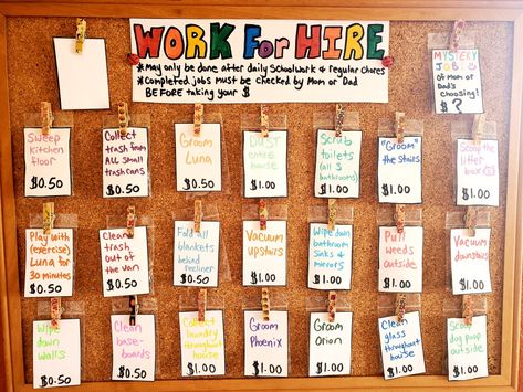 Jobs For Hire Chore Chart, Cork Board Chore Chart, Chore Boards For Kids With Money, Monopoly Money Chore Chart, Work For Hire Chores, Chore Board Ideas, Clothespin Chore Chart, Diy Chore Chart Kids, Chores And Allowance