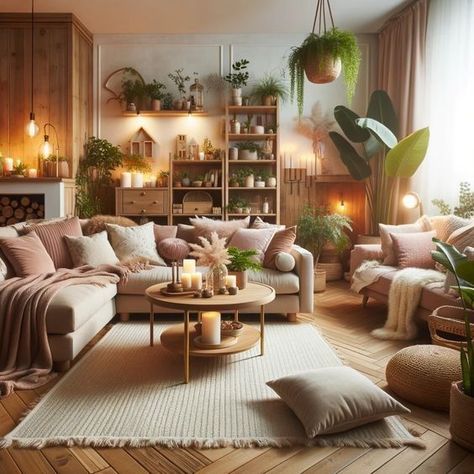 Natural Wood Apartment Decor, Cozy Living Room Art, Botanical Style Living Room, Cozy Plant Decor, Living Room Interior Aesthetic, Bohemian Living Room Plants, Home Decor Comfy, Living Room Inspiration Pop Of Color, Colourful Cozy Living Room