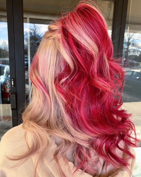 Fun red and blonde ombre hair color #pulpriothair #ombre #redhair #style #dyedhair #pulpriot #hairdye #hair Hair Ideas For Kids, Candy Cane Hair, Dog Hair Dye, Blonde Ombre Hair, Red Balayage Hair, Red H, Pulp Riot Hair, Half Ponytail, Ombre Hair Blonde