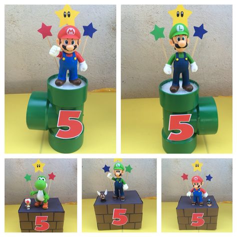 Super Mario centerpieces Mario Themed Centerpieces, Mario And Luigi Centerpieces, Super Mario Bros Party Ideas Centerpieces, Diy Mario Centerpieces, Super Mario Bros Centerpieces, Super Mario Birthday Party Centerpiece, Mario Brothers Party Decorations, Mario Table Centerpiece, Super Mario Bros Party Centerpieces