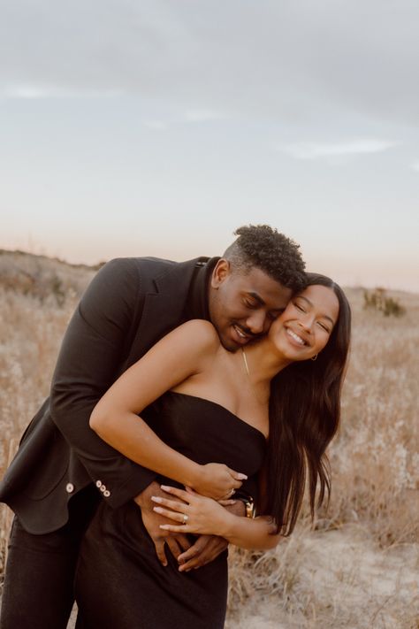 Black Outfits Couples Photoshoot, Black Couple Poses Photography, Different Couple Poses, Couples All Black Outfit, Long Dress Couple Photoshoot, Proposal Pictures Black Couples, Engagement Photos Mixed Couples, Couple Announcement Photos, Black Engagement Photos Ideas