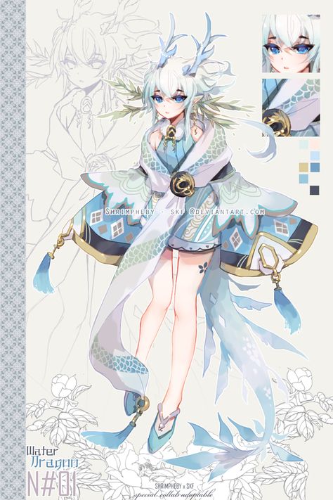 Hair Over Eyes Character Design, Water Inspired Character Design, Water Dragon Oc Design, Water Clothing Design, Water Dragon Design, Water Dragon Character Design, Water Outfit Design, Adepti Genshin Oc, Dragon Outfit Design