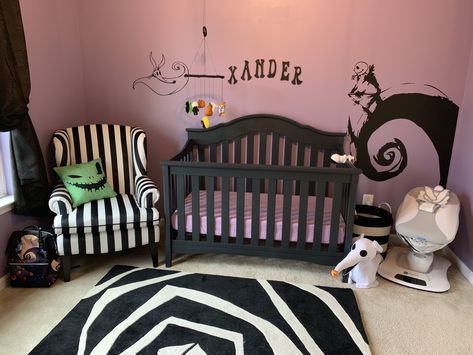 Spooky Nursery Theme, Nightmare Before Christmas Nursery Theme, Horror Themed Nursery, Beetlejuice Nursery Theme, Halloween Themed Nursery, Horror Nursery Theme, Nightmare Before Christmas Nursery Ideas, Pastel Goth Nursery, Nightmare Before Christmas Baby Nursery