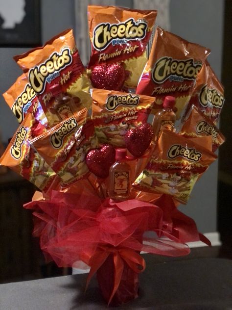 Hot Cheetos Flower Bouquet, Hot Cheetos Bouquet Gift Ideas, Takis Chips Bouquet, Hot Cheetos Bouquet, Mexican Candy Bouquet, Valentine Gifts For Boys, Hot Chips, Candy Gift Baskets, Proposal Ideas Flowers