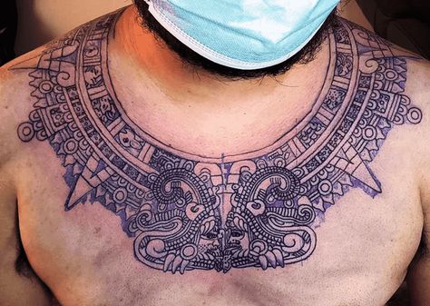 Aztec Tattoo Design Images (Aztec Ink Design Ideas) Aztec Collar Tattoo, Mayan And Aztec Tattoos, Mayan Neck Tattoo, Aztec Calendar Tattoo Design, Aztec Tribe Tattoo, Tattoo Ideas Aztec, Aztec Chest Tattoo, Aztec Pattern Tattoo, Aztec Dragon Tattoo