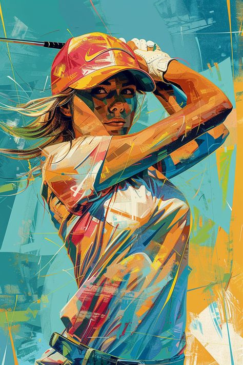 Pop Art Woman Playing Golf Ruslan Lobanov, Colorful Graphic Design, Inspirational Digital Art, Sports Painting, Pop Art Women, Light Cyan, Pop Art Illustration, Playing Golf, Driving Range