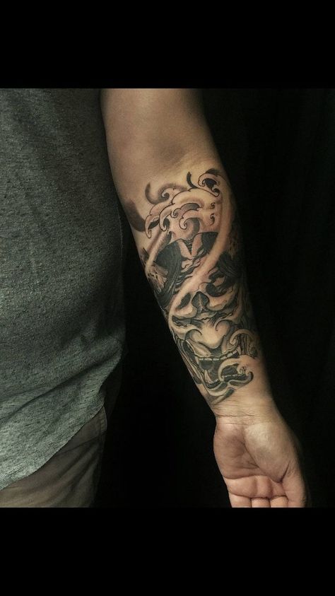 Hanya Forearm Tattoo, Inner Forearm Tattoo Men Japanese, Oni Mask Tattoo Half Sleeve, Oni Mask Forearm Tattoo, Oni Mask Tattoo Sleeve, Asian Forearm Tattoo, Forearm Filler Tattoo, Samurai Forearm Tattoo, Samurai Tattoo Forearm