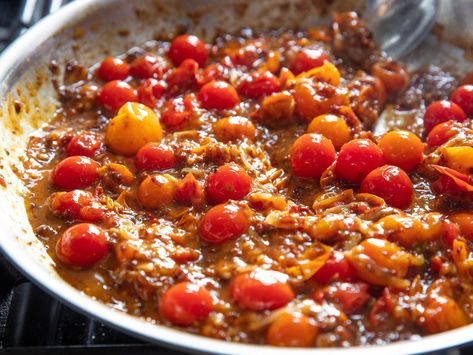 The Secret to a Better Burst-Tomato Pasta: XO Sauce | Serious Eats Burst Tomato, Burst Cherry Tomatoes, Xo Sauce, Cherry Tomato Sauce, Cherry Tomato Pasta, Easy Pasta Dishes, Harvest Recipes, Tomato Pasta, Cherry Tomato