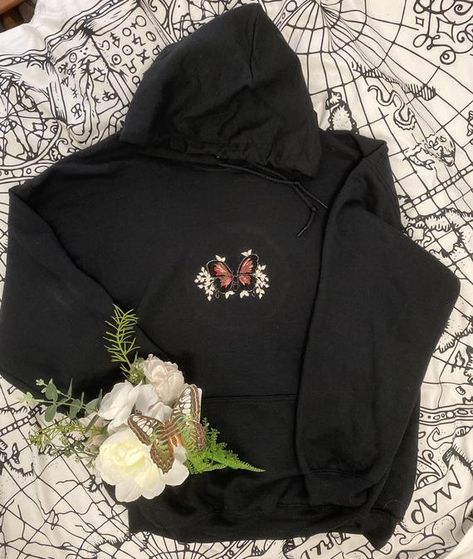 Hoodies in black Hand Embroidered Floral Butterfly design | Etsy Black Hoodie Embroidery, Hoodie Embroidery Ideas, Hand Embroidered Hoodie, Embroidered Photo, Vintage Christmas Sweaters, Cold Weather Outfit, Animal Hoodie, Embroidery Hoodie, Hand Embroidery Videos