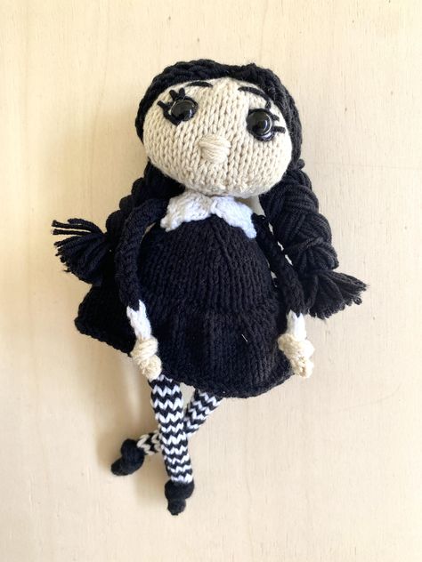 Mini doll Wednesday Knitting pattern by yayacreative Wednesday Knitted Vest, Wednesday Knitting Pattern, Wednesday Knitting, Wednesday Clothes, Crochet Wednesday Addams Doll Pattern, Crochet Wednesday Doll, Wednesday Doll Crochet, Pattern Knitting, Craft Materials