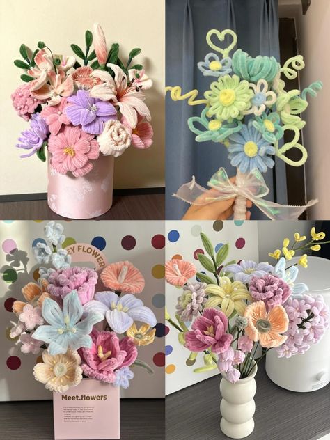 Chenille Sticks Crafts, Things To Do With Flower Petals, Chenille Bouquet, Crafts To Do With Paper, Stick Bouquet, Fake Flower Arrangements Diy, Pipe Flower, Diy Bouquet Wrap, Luxury Flower Bouquets