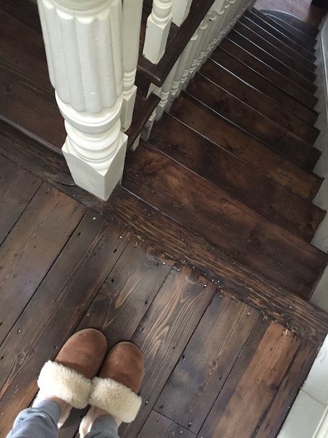 Old Wooden Stairs, Dark Wooden Floor, Bungalow Decor, Old Wood Floors, Wood Floor Design, Floor Restoration, Victorian Floor, Flooring For Stairs, Victorian Bedroom