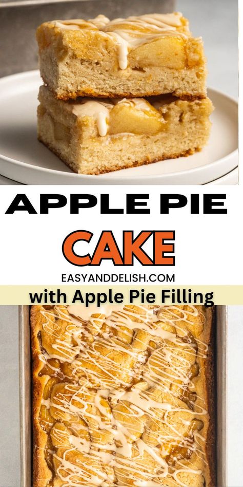 Indulge in a delicious apple pie cake made with convenient canned apple pie filling, combining the comforting flavors of traditional pie with a soft, moist cake that's perfect for fall gatherings and easy to whip up than apple pie. Can Apple Pie Filling Recipes Easy, Apple Pie Filling Cake Recipe, Easy Apple Bars, Apple Pie Cake Recipe, Apple Pie Filling Desserts, Dessert Recipes With Chocolate, Pie Cake Recipe, Apple Poke Cake, Pie Filling Desserts