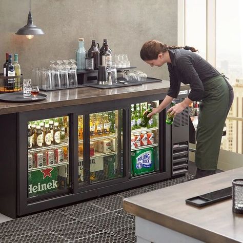 Commercial bar fridges Undercounter Drink Refrigerator, Full Sized Beverage Refrigerator, Slim Tall Wall Fridge With Glass Doors For Bar In Room, Basement Dry Bar With Full Size Refrigerator, Garage Door Bars, Sliding Door Fridge, Barbershop Refrigerator, Kegerator Ans Wine Bar, Basement Bar Refrigerator