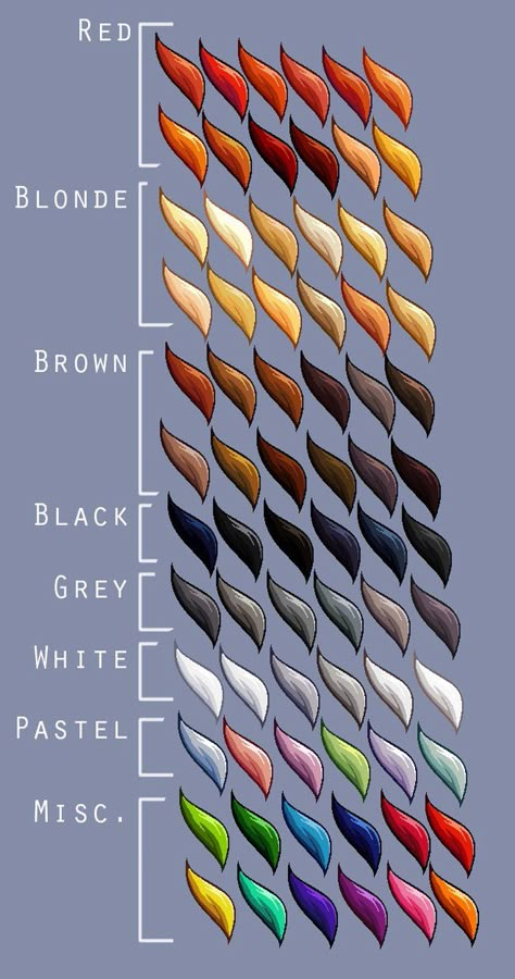 Hair Colors For Drawing, Hair Shading Color Palette, Character Hair Color Ideas, Eye Colour Palette Digital Art, Hair Color Painting, Hair Color Chart Drawing, White Skin Color Palette, Dnd Character Color Palette, Hair Colour Palette Digital Art