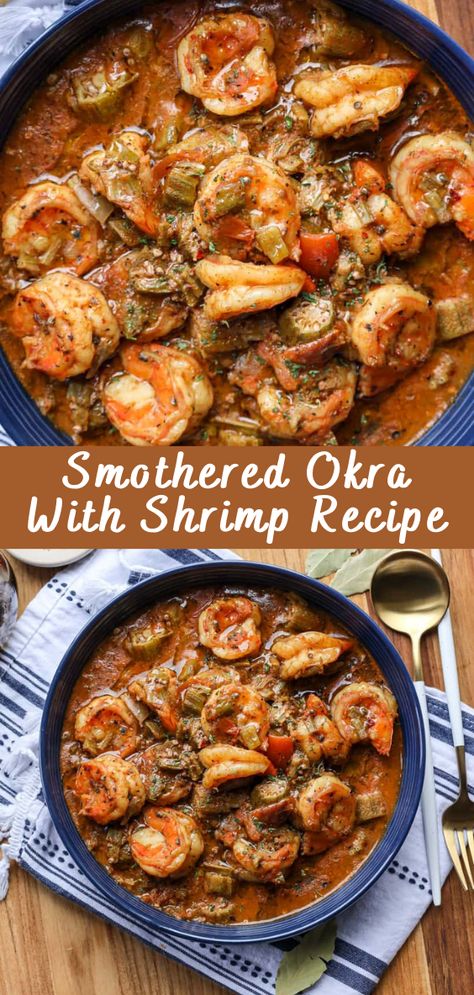 Seafood Vegetable Recipes, Shrimp Okra Recipes, Okra Tomatoes Sausage Shrimp, Shrimp Okra Gumbo, Shrimp Okra Tomatoes, Okra Shrimp And Sausage New Orleans, Soups With Okra, Quick And Easy Seafood Dinner Recipes, Recipes Without Red Meat