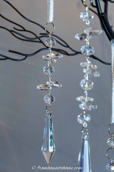 These crystal DIY Christmas ornaments are a beautiful way to add some sparkle to your Christmas tree decorations. They're easy to make and look beautiful on a flocked Christmas tree. Diy Beaded Christmas Ornaments, Chandelier Crystals Repurposed, Crystal Ornaments Diy, Hanging Crystals Diy, Crystal Christmas Ornaments, Crystal Suncatchers Diy, Glam Christmas Decor, Beaded Christmas Decorations, Crystal Garland