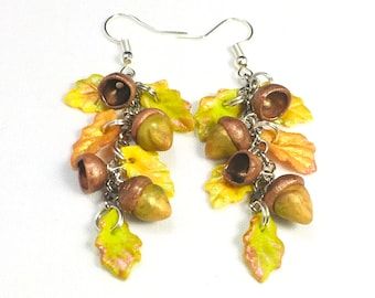 Boho Polymer Clay, Oak Leaf Earrings, Oak Leaf Necklace, Acorn And Oak, Handmade Pendant Necklace, Sunflower Pendant, Christmas Pendant, Leaf Bracelet, Fish Hook Earrings