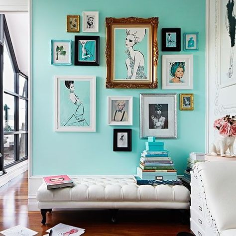 Tiffany Blue Rooms, Tiffany Blue Walls, Tiffany Bedroom, Tiffany Blue Bedroom, Quirky Bedroom, Blue Bedroom Walls, Photo Walls, Apartment Wall Art, Apartment Walls