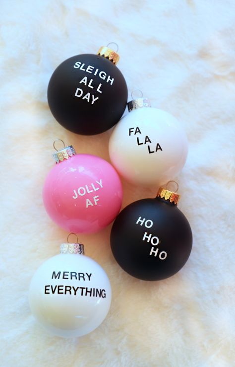 DIY Christmas Sayings Ornaments - A Bubbly Life Black And White Christmas Ornaments, Christmas Sayings, Funny Christmas Ornaments, White Christmas Ornaments, Black And White Christmas, Alternative Christmas, Ornament Diy, White Christmas Decor, Cricut Christmas