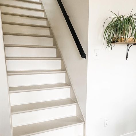 Painted stairs accessible beige Neutral Painted Stairs, Painted Attic Stairs, Accessible Beige Staircase, Taupe Painted Stairs, Painted Interior Stairs, Beige Painted Stairs, Taupe Staircase, Painting Stairs Ideas Staircase Makeover, Neutral Stairs