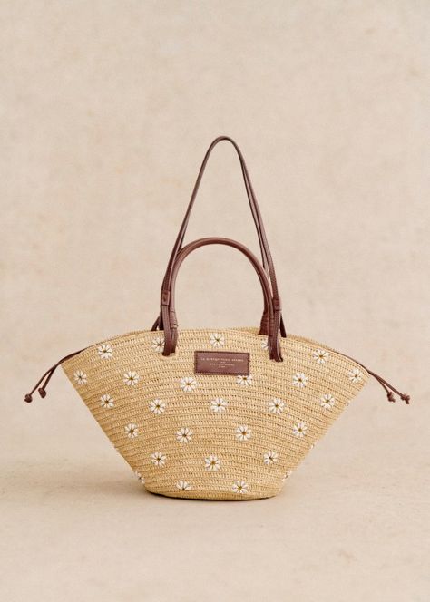 Justine Basket - Embroidered Flowers Raffia  - Raffia - Sézane Raffia Embroidery, Daisy Embroidery, Basket Tote, Italy Outfits, Embroidery Bags, Fall Transition, Suit Shoes, Woven Raffia, Amalfi Coast